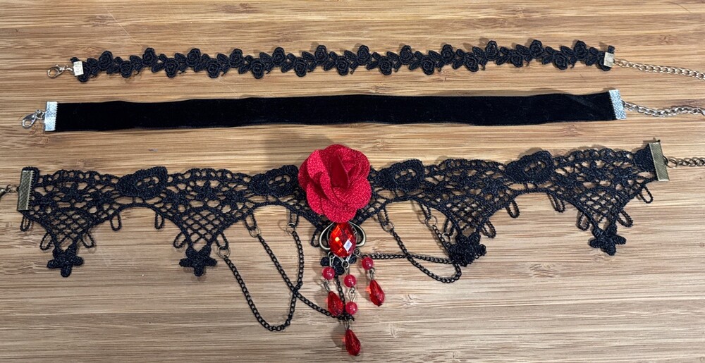 Black Lace and Red Rose Necklace Gothic Vampire Choker Victorian Style Set